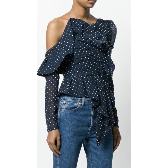 Self-Portrait Navy White Swiss Dot Plumetis Frilled One Shoulder Blouse Top SZ 6 - Picture 1 of 8